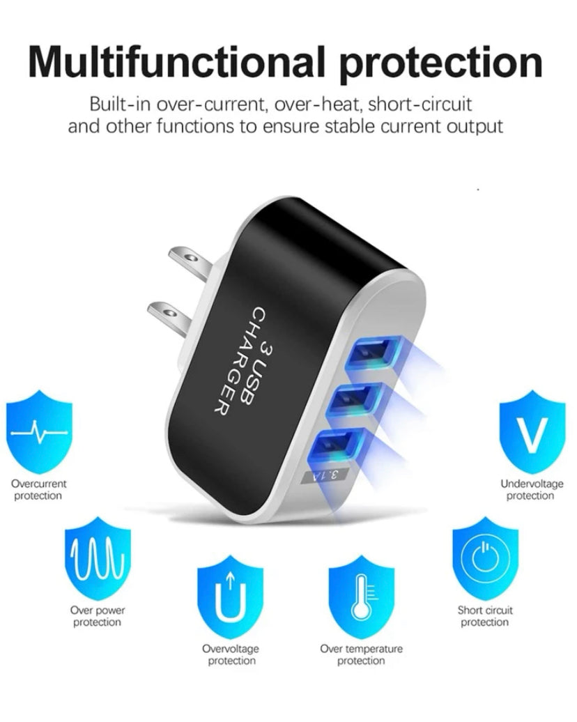 Cargador de pared USB Plug Block Cube Cargador rápido portátil de 3 puertos