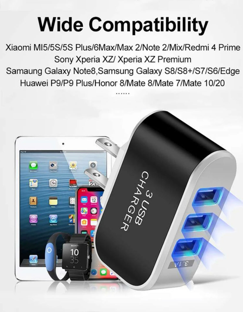 Cargador de pared USB Plug Block Cube Cargador rápido portátil de 3 puertos